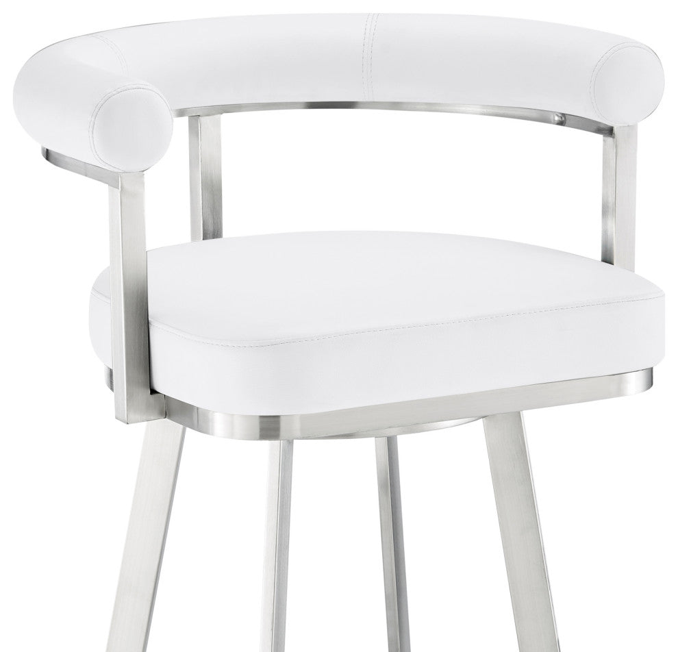 Nolagam Swivel Bar Stool, Brushed Stainless Steel With White Faux Leather