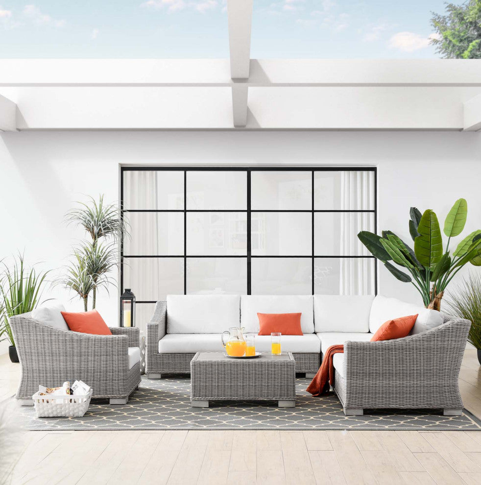 Outdoor Patio Wicker Rattan 7-Piece Sectional Sofa Furniture Set Gray White