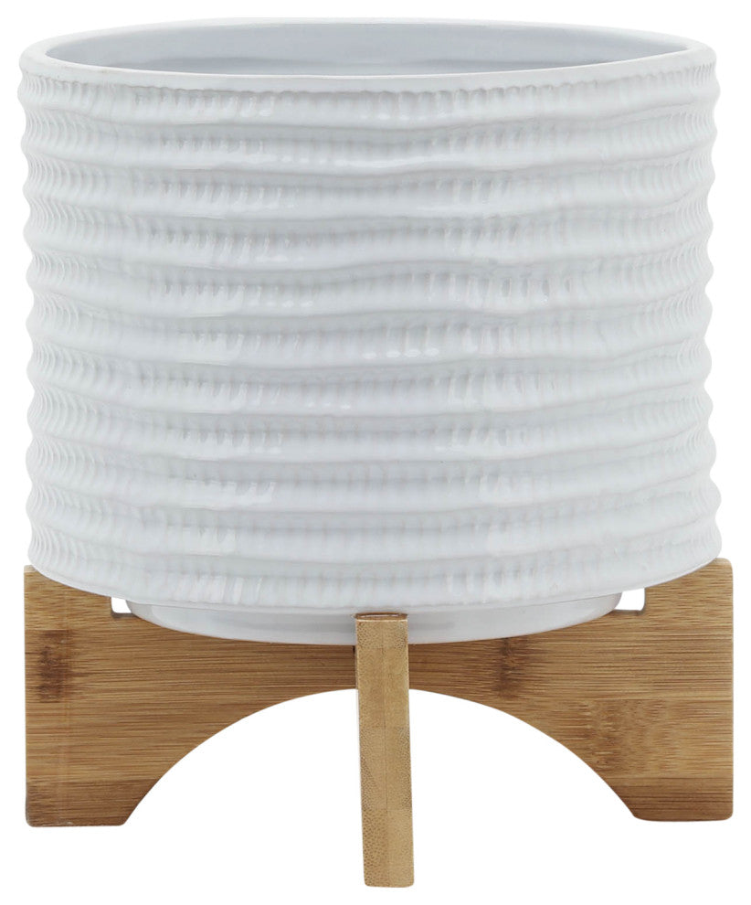 8" Textured Planter With Stand, White