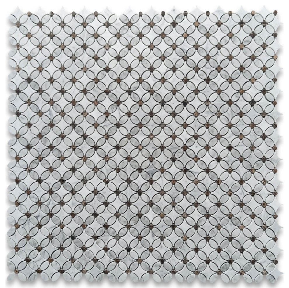 Carrara White Marble Chateau Flower Mosaic Tile Emperador Brown Dots, 1 Sheet