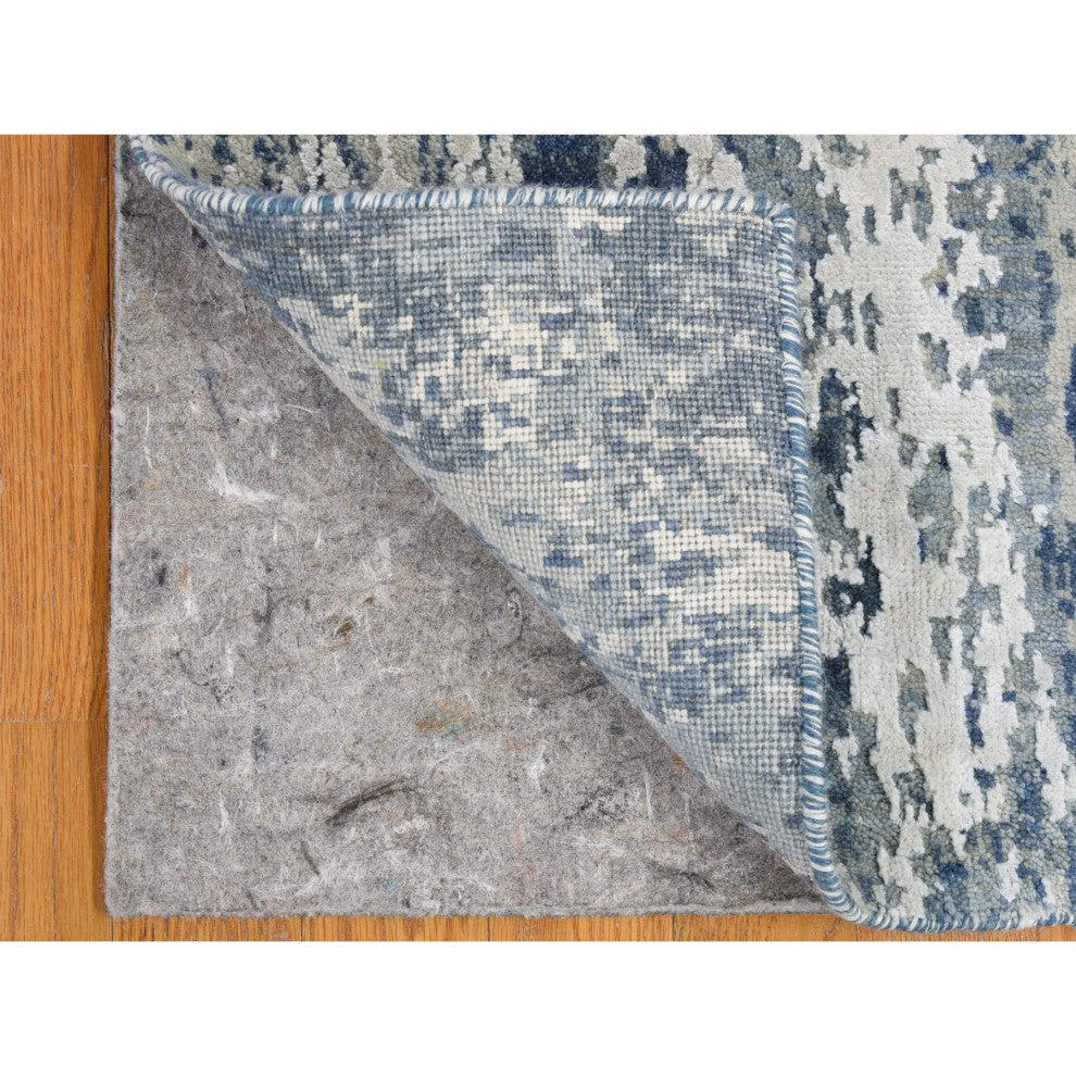 Hand Knotted Abstract Design Wool and Real Silk Denim Blue Runner Rug 2'7"x12'1"