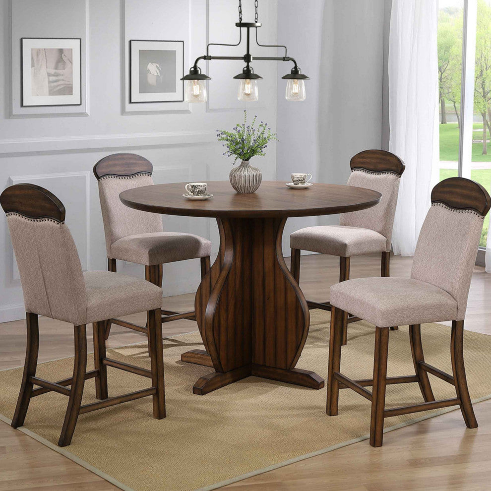 Set of 2 Linen Upholstered Counter Height Chair, Oak Finish