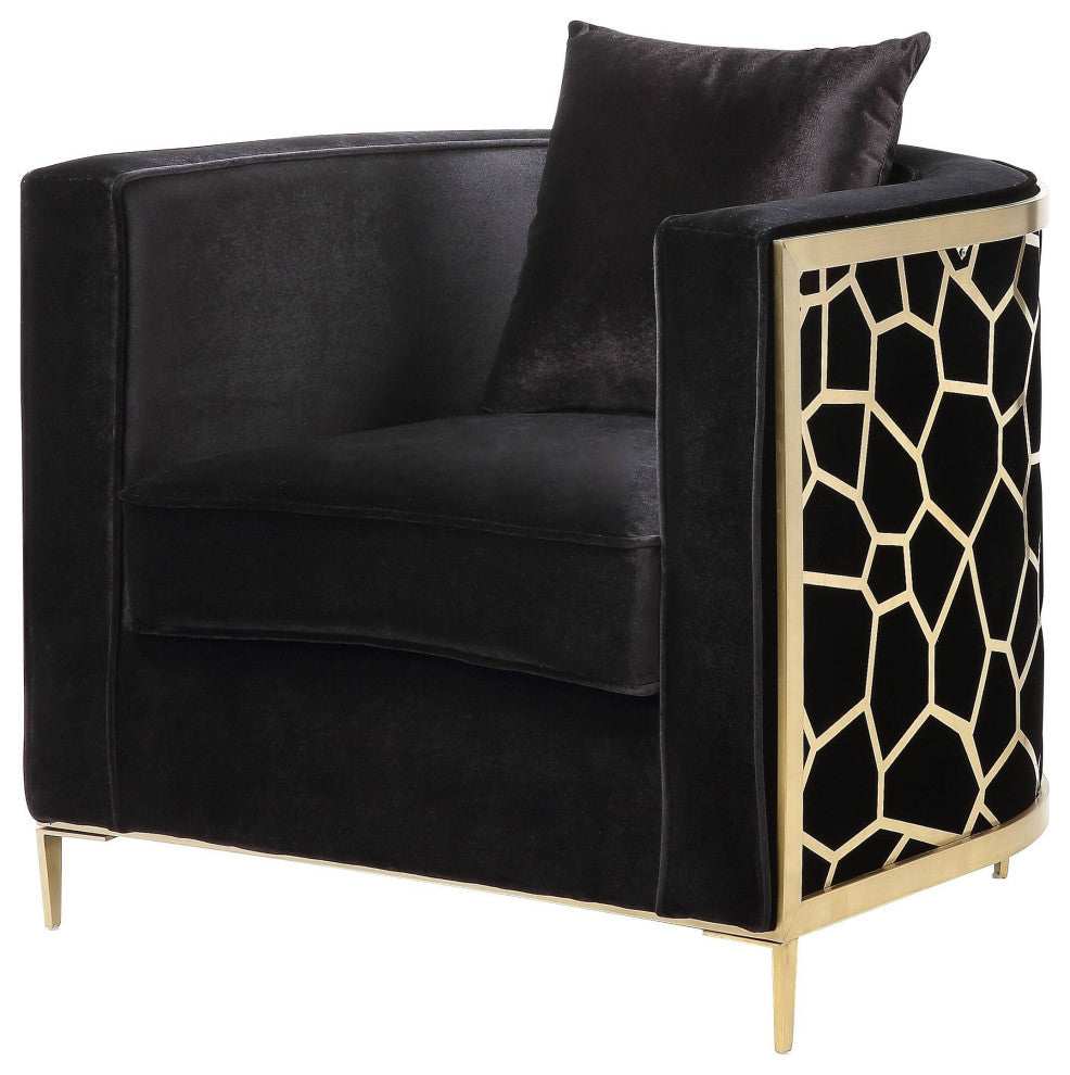 Fergal Chair With Pillow, Black Velvet and Gold Finish