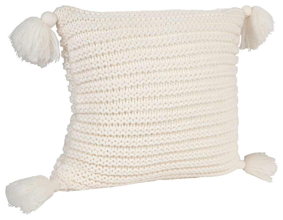Tassey Large Knit Pillow Cover with Tassels, White 18x18