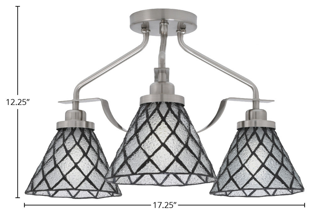 Odyssey 3 Light Semi Flush Mount, Brushed Nickel, 7" Diamond Ice Art Glass