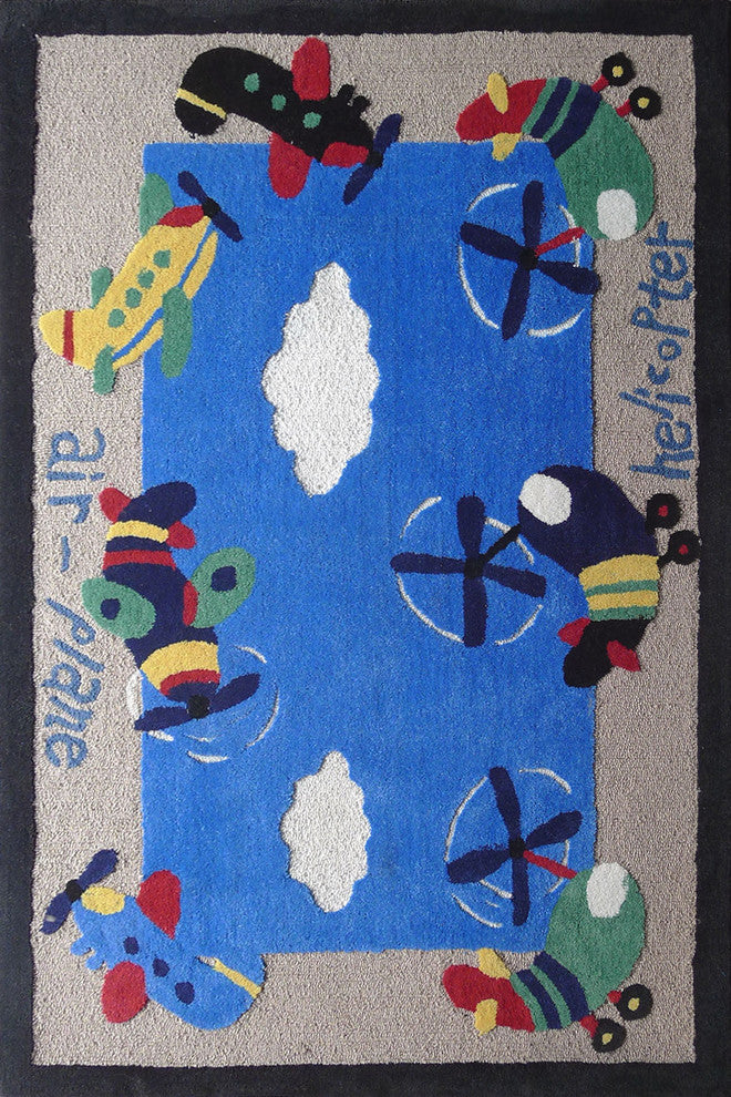 4'x6' Blue Kids Bedroom Area Rug With Plane Designs, Soft and Hand-Tufted