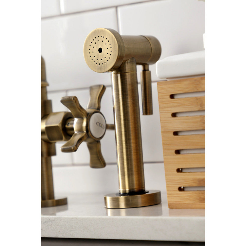 KS2333NX Bridge Kitchen Faucet With Brass Sprayer, Antique Brass