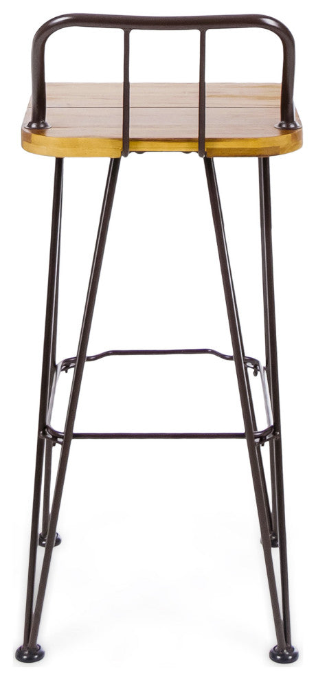 GDF Studio Outdoor Teak Finish Acacia Wood Barstools With Iron Frame, Set of 2