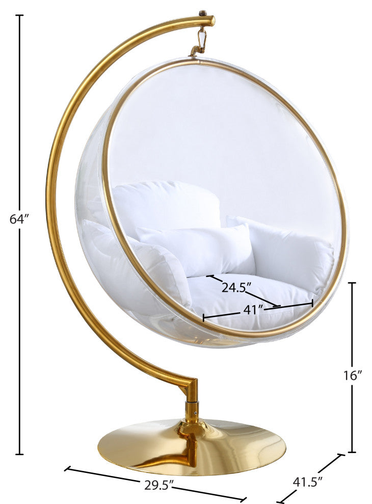 Luna Metal Acrylic Swing Bubble Accent Chair With Stand, White, Gold Base