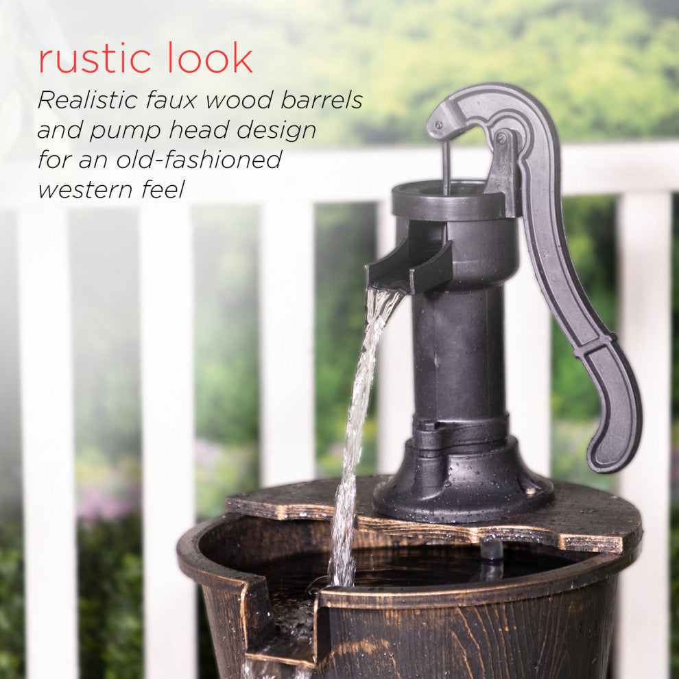 40" Tall Outdoor 3-Tier Barrel Pump Waterfall Fountain, Brown