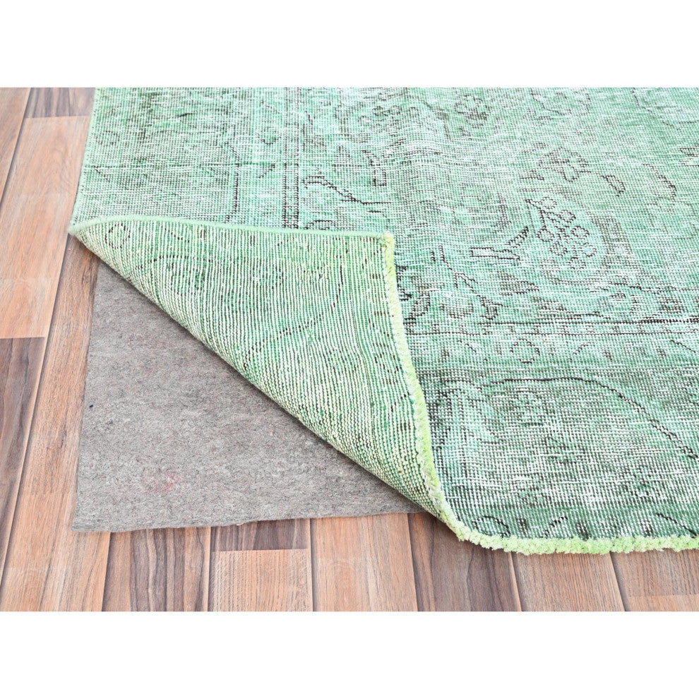 Celadon Green, Worn Wool, Hand Knotted, Vintage Persian Tabriz Rug, 6'2"x9'3"