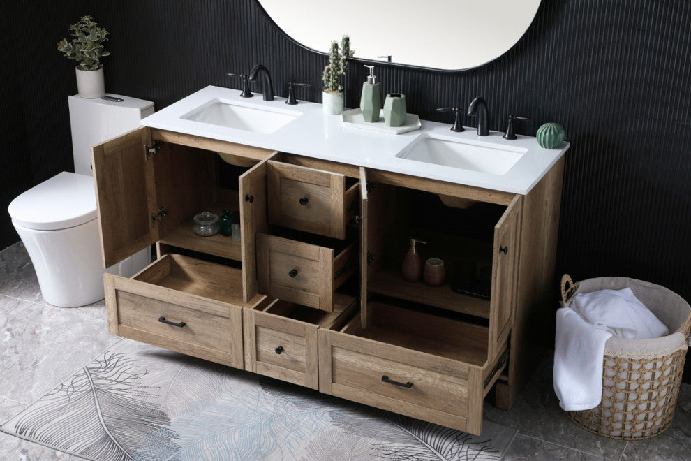 60" Double Bathroom Vanity, Natural Oak, 60