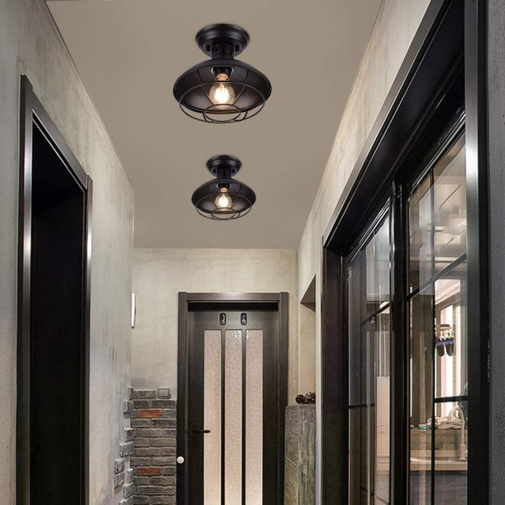 Vintage Industrial Semi Flush Mount Ceiling Light Fixture Farmhouse Black Cage