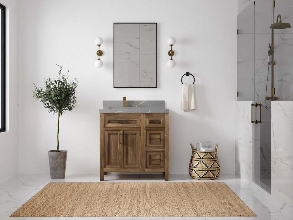 Santa Monica 36 Left Offset  Bath Vanity in Graywashed Teak 2" Piatra Gray