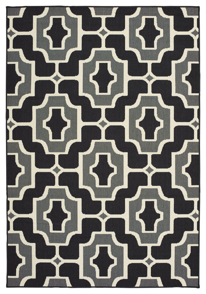 Martinique Geometric Tile Black/ Grey Indoor/Outdoor Area Rug, 6'7"x9'6"