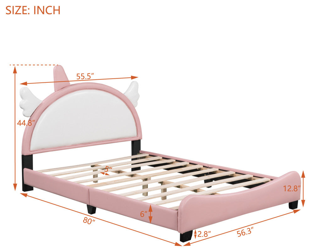 Gewnee Upholstered Full Platform Bed With Unicorn Shape Headboard in Pink
