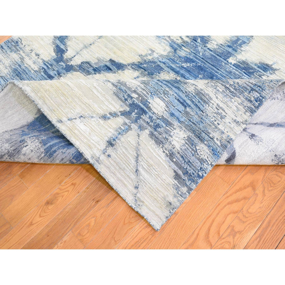 Blue and White Modern Hand Knotted Pure Silk and Textured Wool Rug, 6'1" x 9'1"