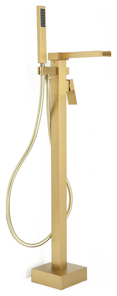 Modern Waterfall Freestanding Bathroom Bathtub Faucet Floor Mount Tub Filler, Brushed Gold