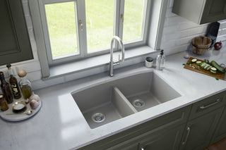 Karran Undermount Quartz 32" 50/50 Double Bowl Kitchen Sink Kit, Grey