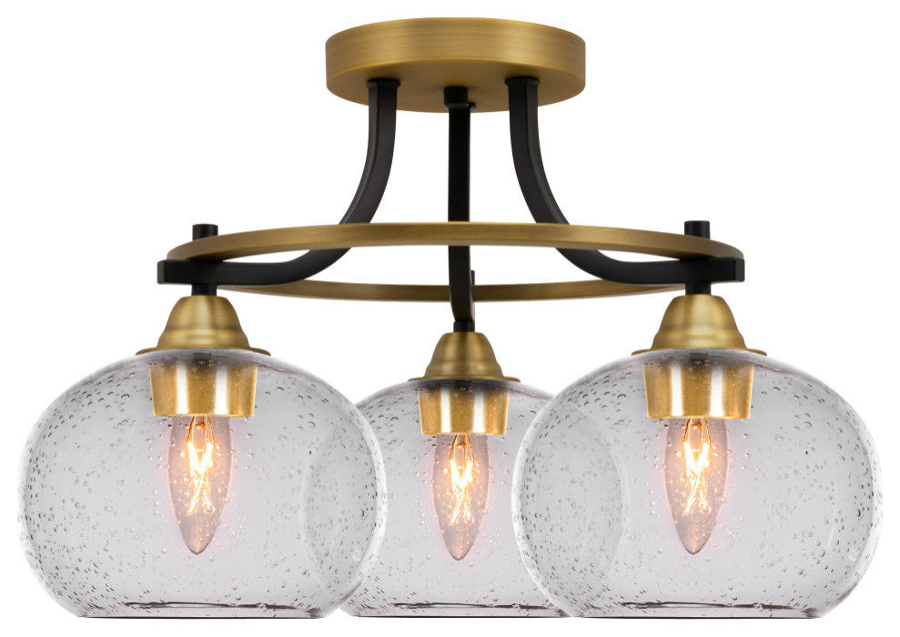 Paramount 3-Light Semi-Flush Light, Matte Black & Brass, 7" Clear Bubble Glass