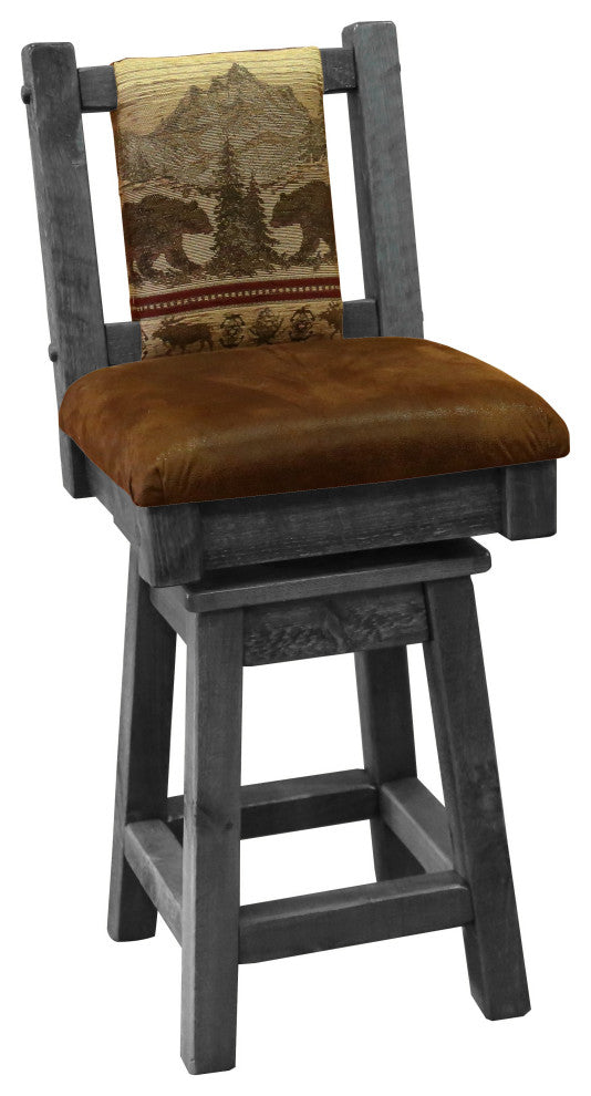 Barnwood Style Timber Peg Swivel Upholstered Barstool, Smokey Gray, Bear Run and Palomino Tobacco, Counter Height
