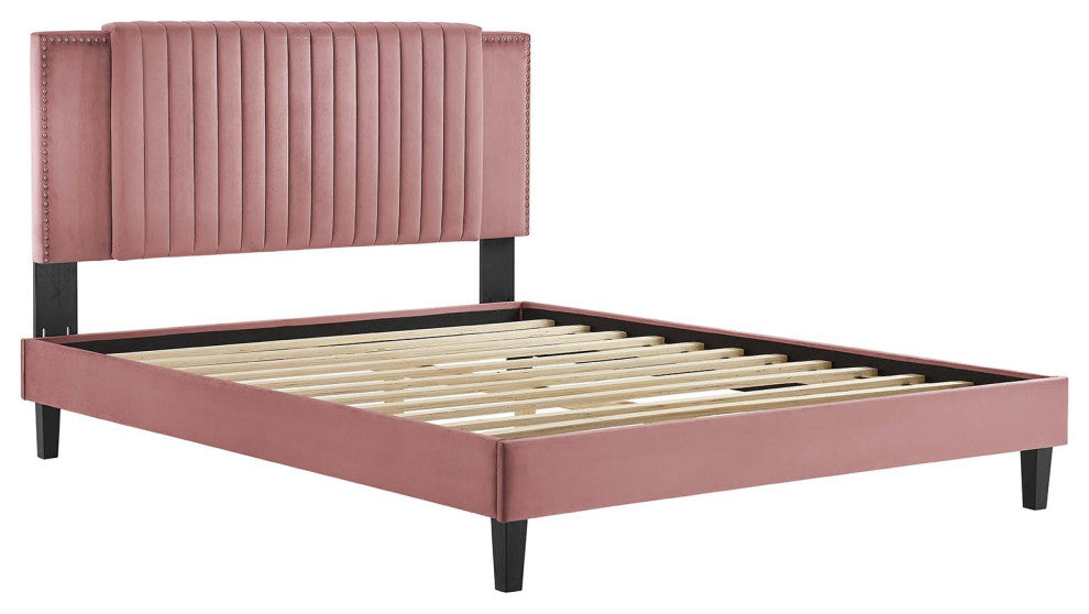 Zahra Channel Tufted Performance Velvet King Platform Bed, Dusty Rose