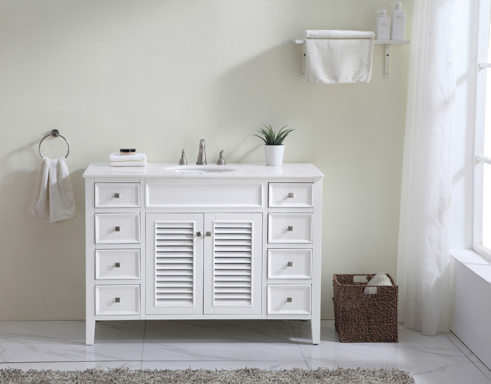 48" Single Bathroom Vanity, White With Ivory White Engineered Marble