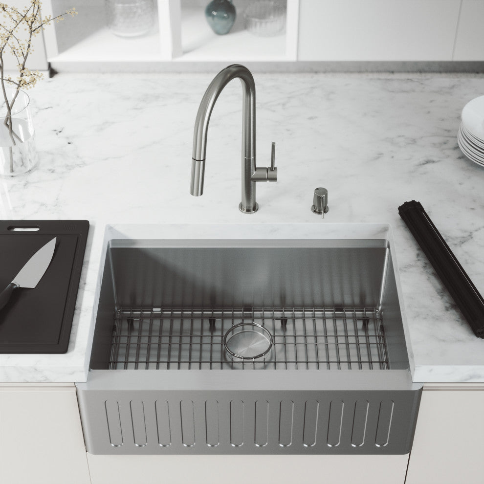Oxford Single Bowl Slotted Apron Farmhouse Kitchen Sink and Accessories, 30" L X 21" W