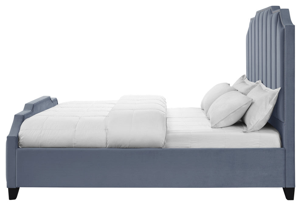 Inspired Home Zaida Bed, Velvet Upholstered, Sky Blue, Queen