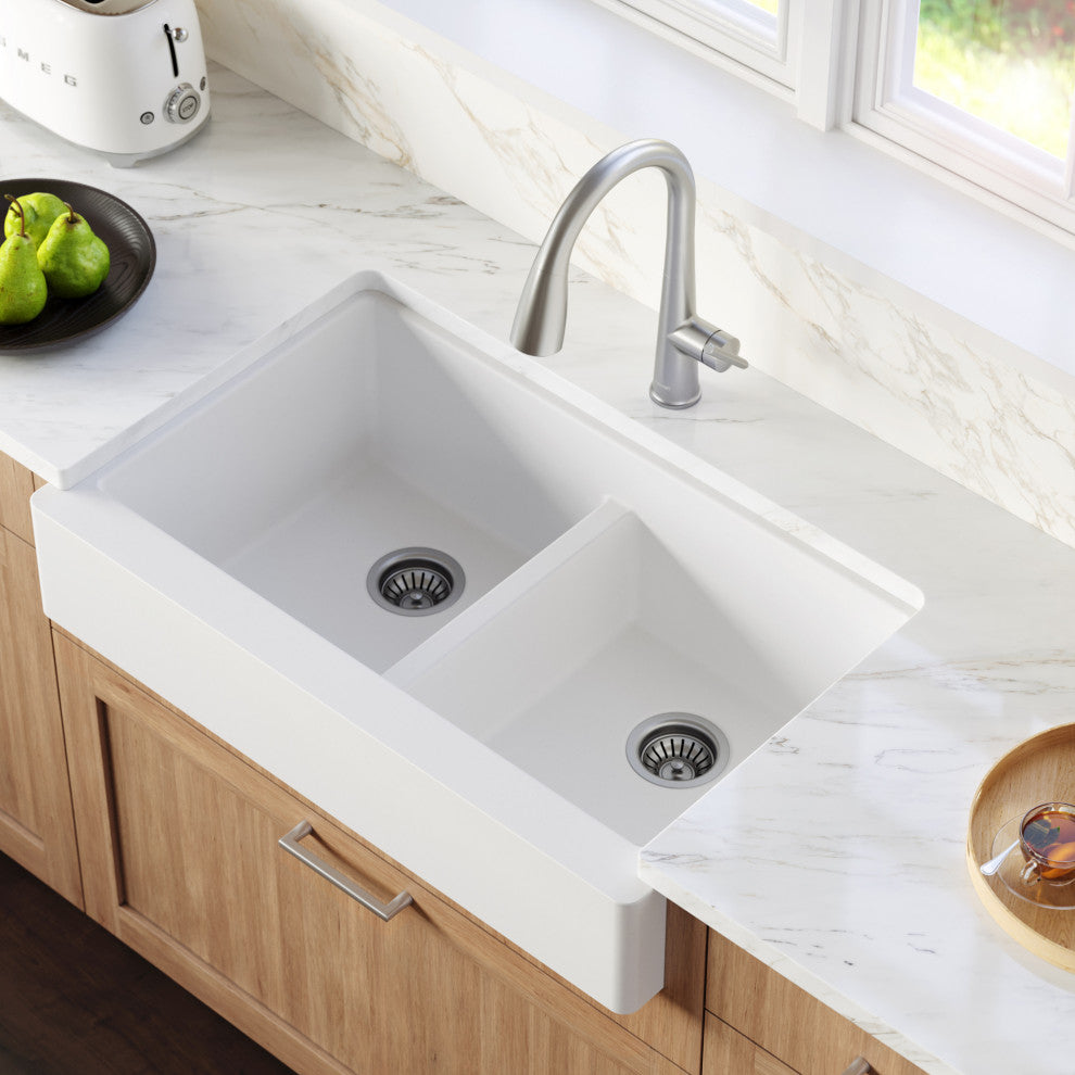 Karran Retrofit Farmhouse Quartz 34" Double Bowl Sink, White