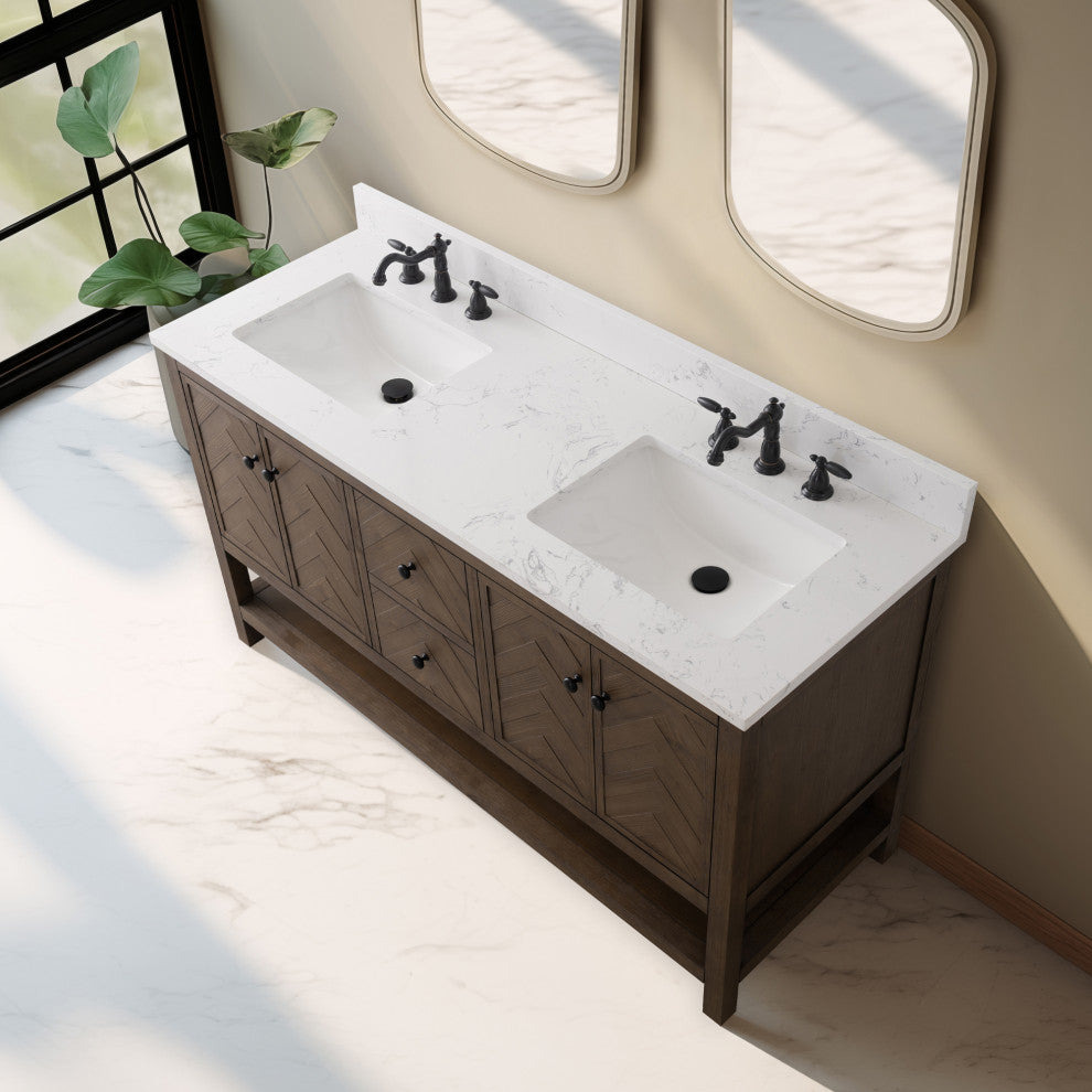Landon Modern Herringbone Bathroom Vanity, 60", White Top