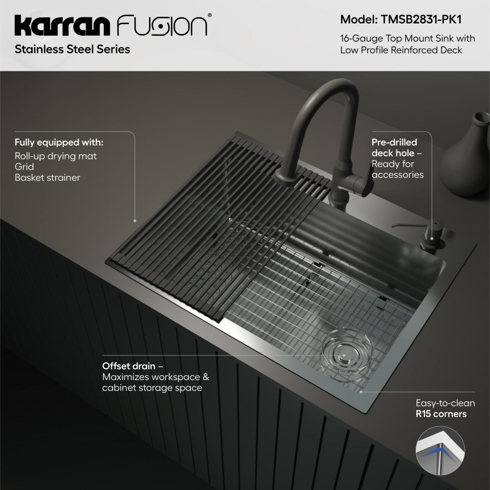 Karran Fusion Top Mount 28-in x 22-in Stainless Steel Single Bowl Kitchen Sink