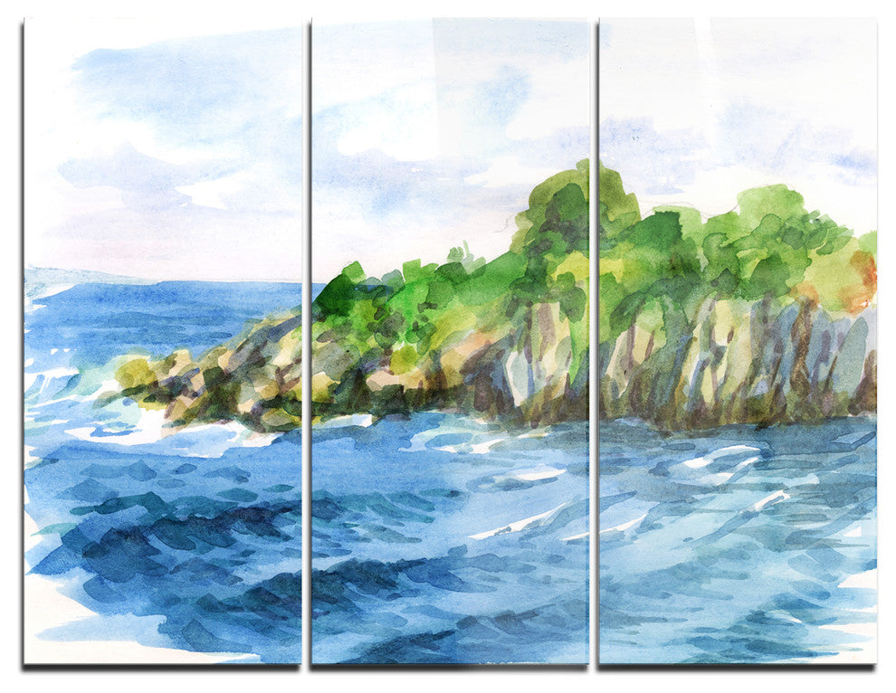 "Green Island in Sea" Watercolor Metal Wall Art, 3 Panels, 36"x28"