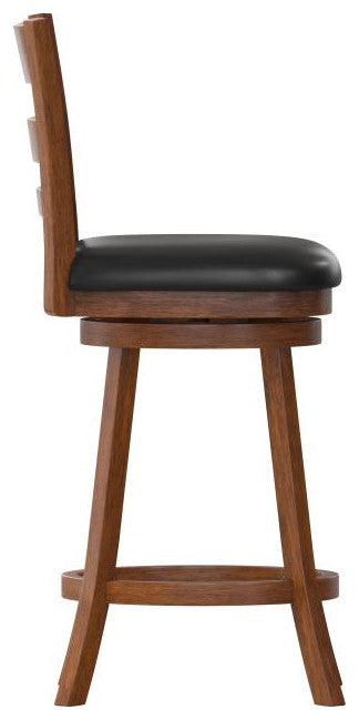 Zerrick Ladderback Swivel Counter Height Barstool with Padded Seat, Black Vinyl/Antique Oak Frame