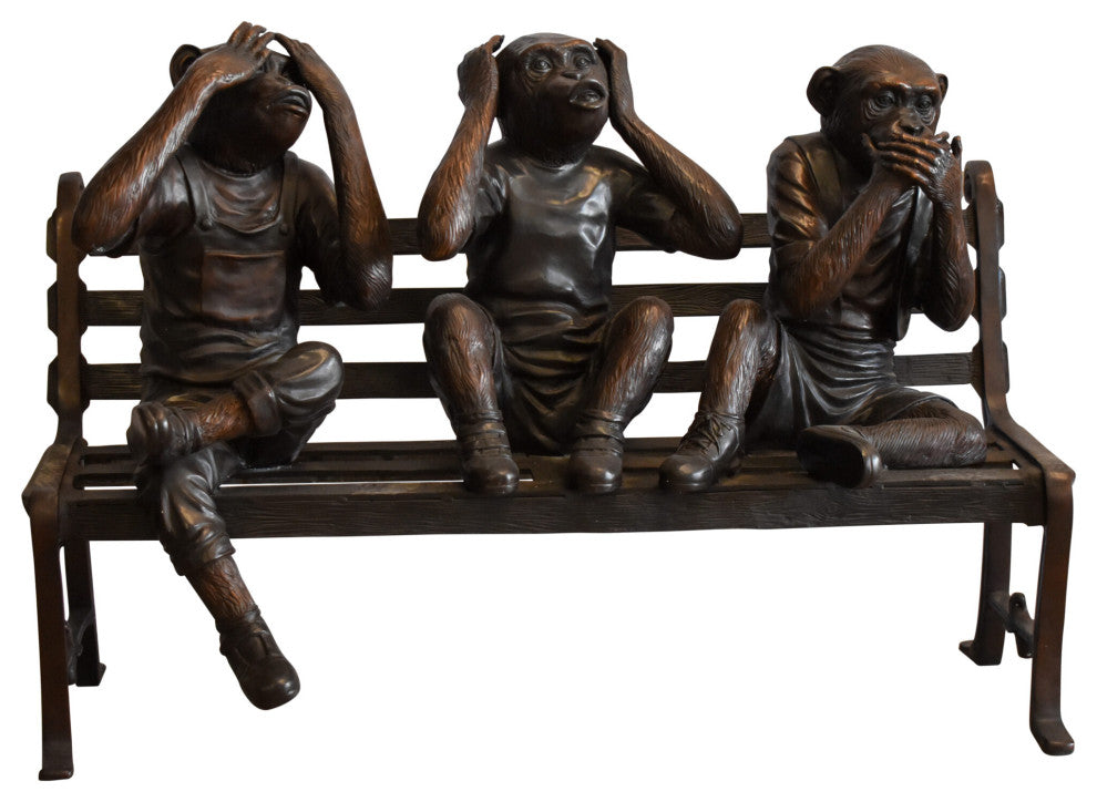 Three Comedic Monkeys on a bronze Bench, Say, Hear, See no Evil 57" x 20" x 43