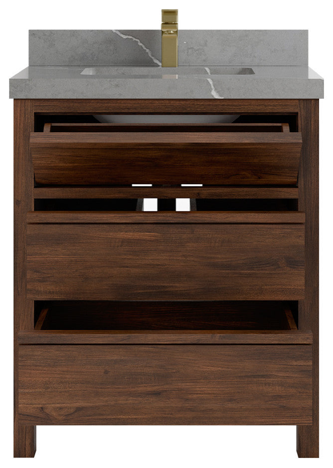 Elizabeth 30 Single Sink Bath Vanity in Dark Walnut Teak 2" Piatra Gray