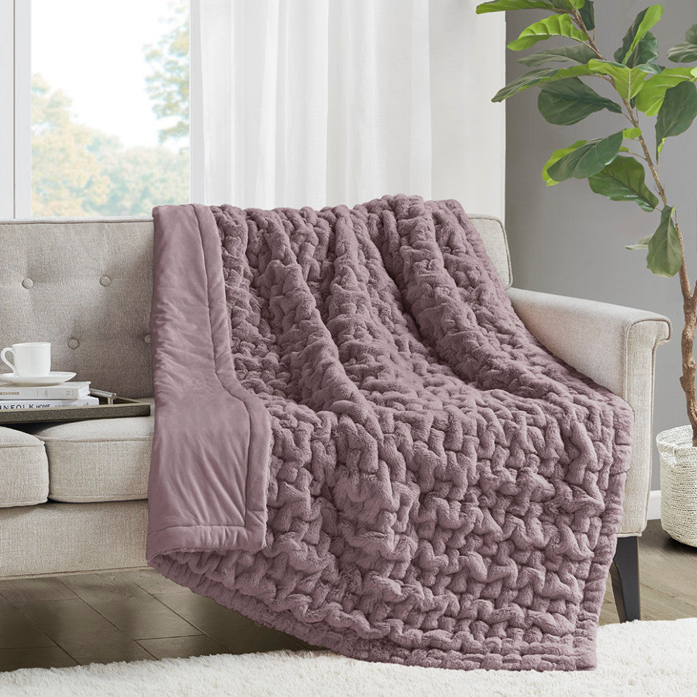 Madison Park Ruched Fur Throw, Lavender