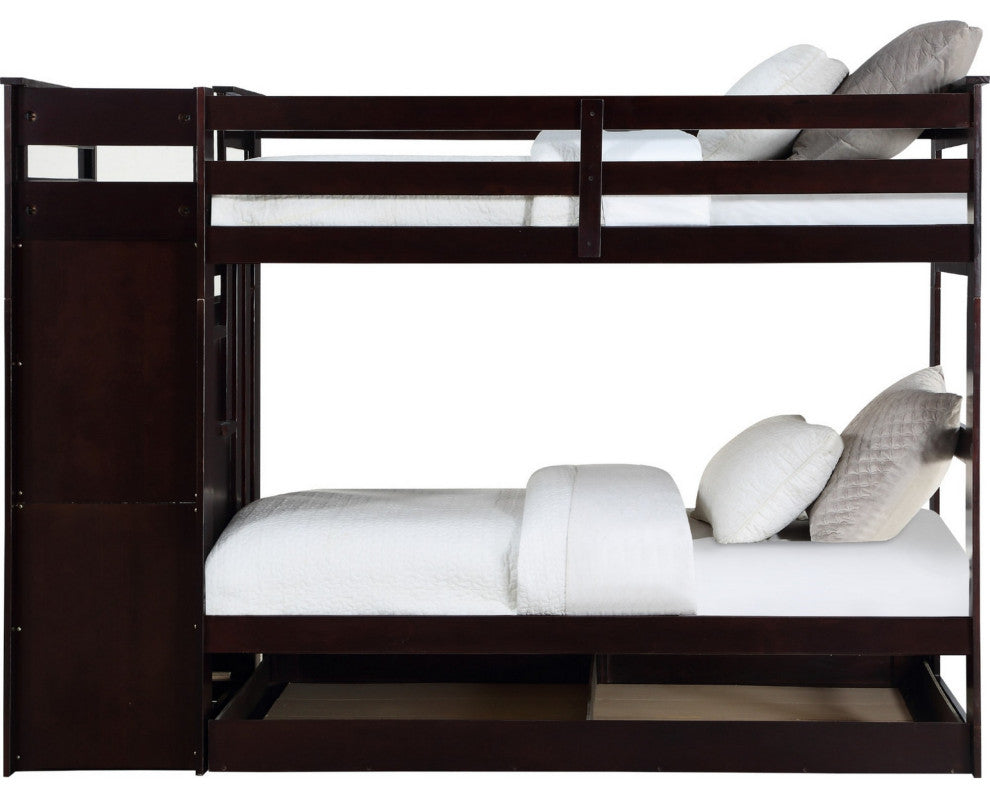 Benzara BM284016 Classic Wood Twin Bunk Bed With Trundle, Storage Ladder, Brown