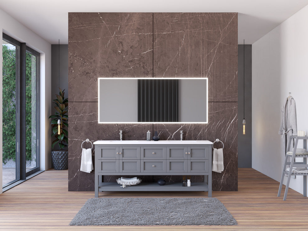 CastelloUSA Alicia 72" Freestanding Vanity Set, Gray, White Top, Chrome Handles
