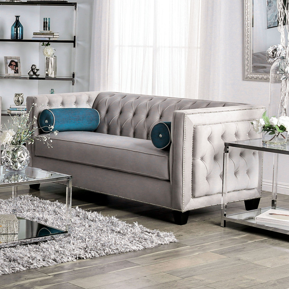 Velvet-like Fabric Love Seat with Button Tufted Design, Gray