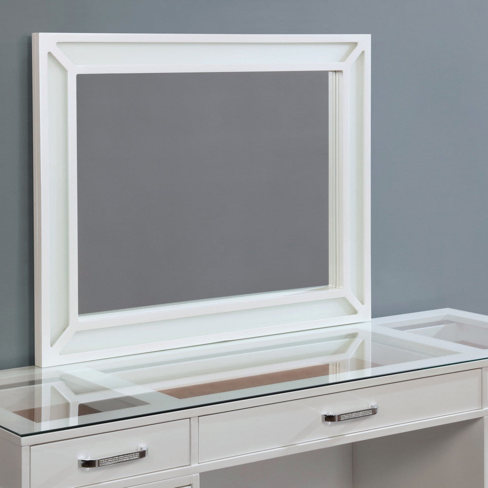 Contemporary Vanity Set, Cushioned Chair and LED Lighted Mirror, Glossy White