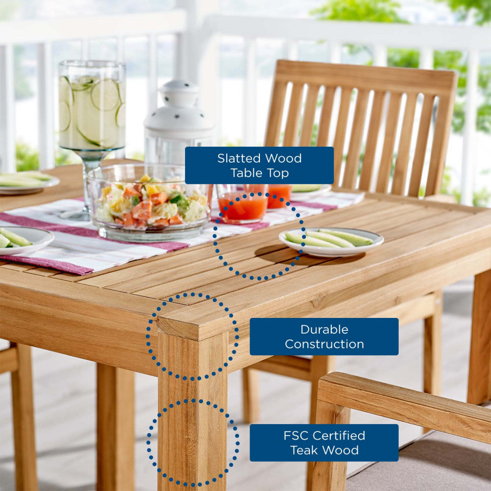 Side Dining Chair and Table Set, Wood, Brown Natural Taupe Gray, Modern, Outdoor
