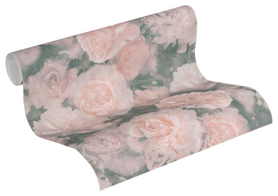 Floral Textured Wallpaper, Peony Flowers, 374021, Pink Rose Gray, 1 Roll