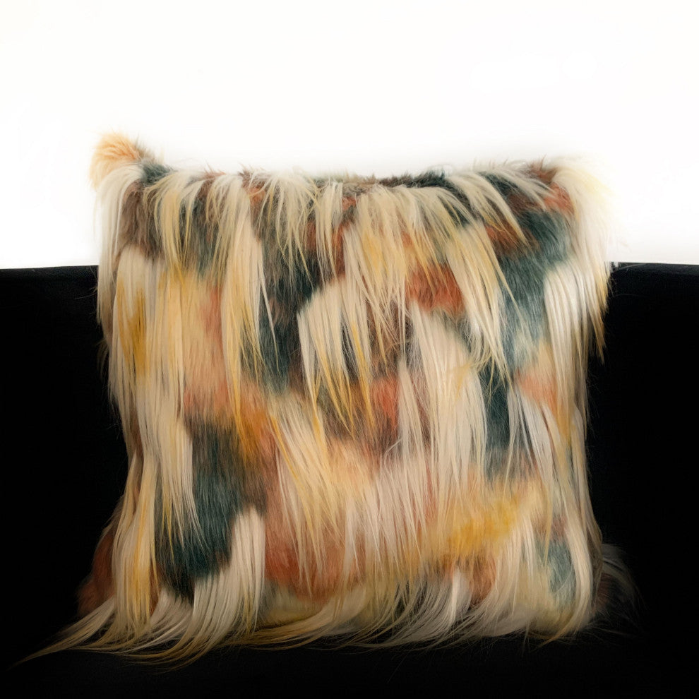 Plutus Multi-Color Fancy Feather Animal Faux Fur Luxury Throw Pillow, 22"x22"
