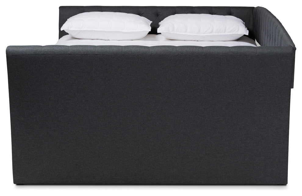 Qintal Upholstered Full Size Daybed With Roll-Out Trundle Bed, Dark Gray