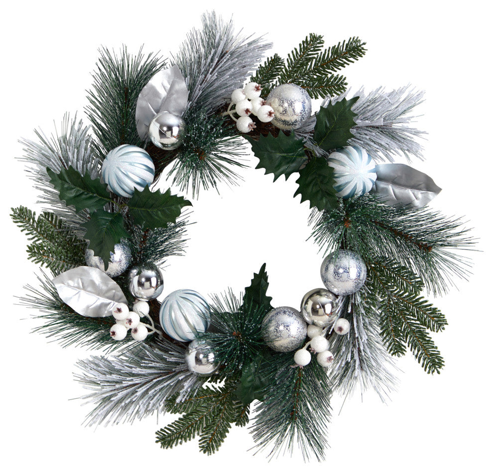 24" Pinecones and Berries Christmas Artificial Wreath With Silver Ornaments