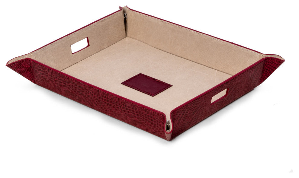 Red Lizard Deboss Leather Valet and Charging Station, Pig Skin Leather Lining