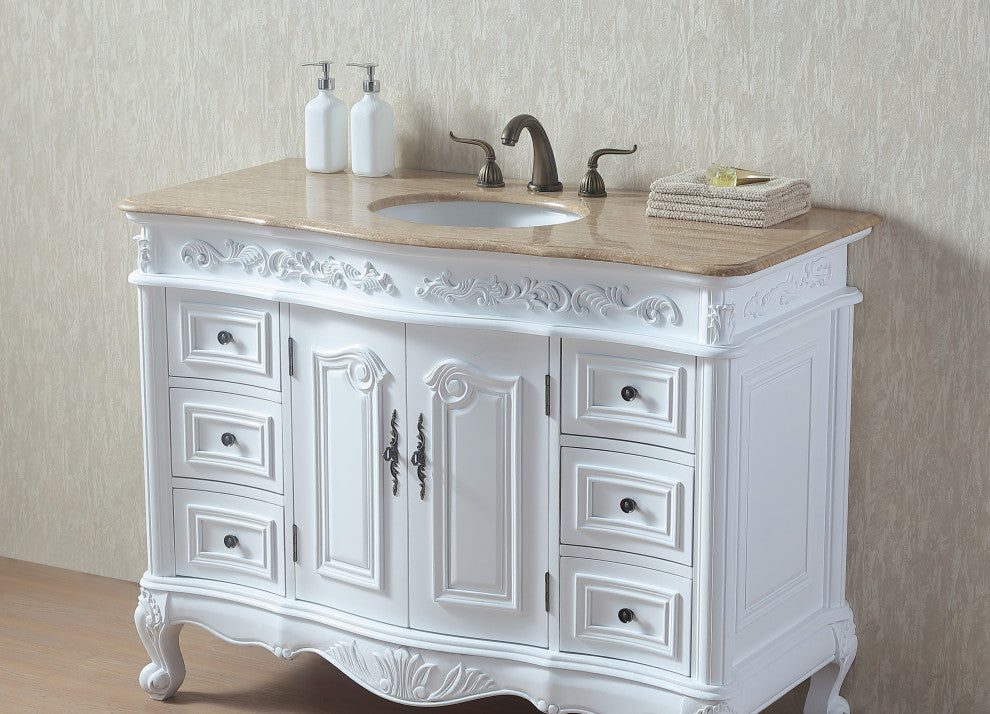 Cassandra 48" Single Sink Bathroom Vanity, White Cabinet, Travertine Marble Top