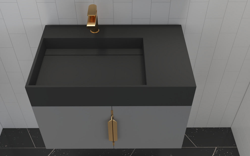 CastelloUSA Amazon 30" Left Wall Mounted Bathroom Vanity Set, Gray, Black Top, Gold Handles