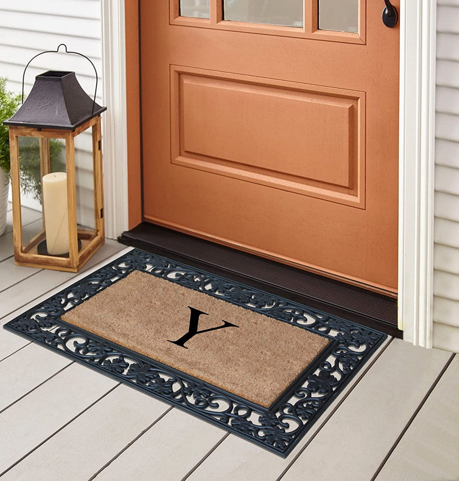 A1HC Floral Border Black 18x30 Rubber and Coir Heavy Duty Monogrammed Doormat, Y